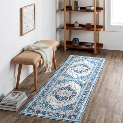 Carvapet Waschbar Läufer Teppich 60x180cm rutschfest Lang Dünner Teppiche Gegend Vintage Medaillon Blau Teppich für Wohnzimmer Schlafzimmer Küche