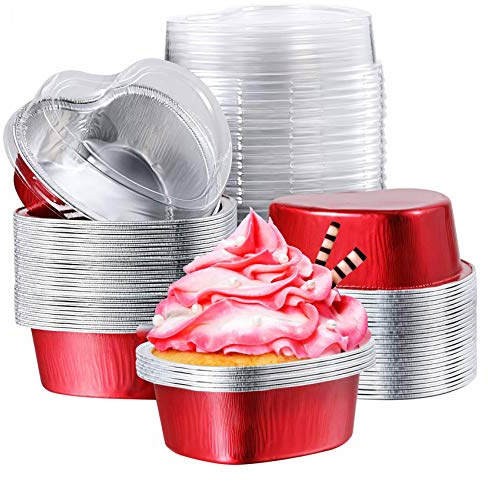100 moldes desechables con forma de San Valentín para cupcakes con tapas, recipientes desechables para cupcakes, moldes para hornear flan