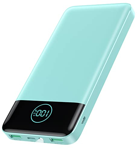 Batterie Externe 13800mAh, [Ultra Mince mais Puissant] Power Bank USB C 3A in & Out Chargeur Portable avec Affichage LED et Lampe de Poche Batterie Portable pour iPhone Galaxy Huawei - Turquoise