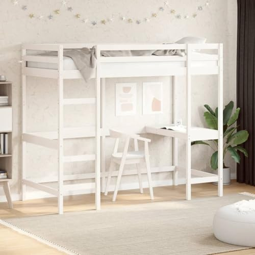 Homgoday Hochbett mit Schreibtisch aus Massivkiefer - Weiß - 195,5 x 97,5 x 175 cm - Geeignet für Kinder ab 6 Jahren Model842859