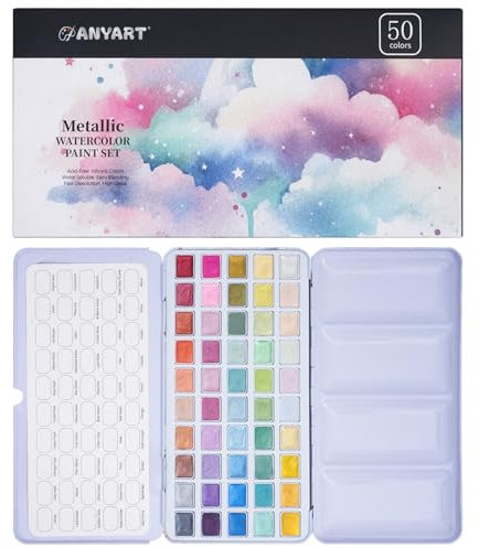 Anyart Metallic Aquarellfarben Set 50 Farben in Tragbarer Box, Wasserfarben für Reisen, Aquarell Watercolor Set Mit Pinsel und Aquarellpapier für Künstler und Malerei-Liebhaber