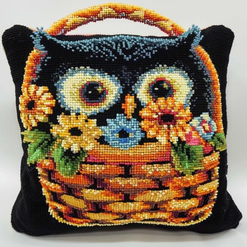 DIY knüpfen set erwachsene Süße Eule knüpfkissen set Tiere und Blumenkörbe Kits zur Herstellung von Kissenbezügen/Kissenbezügen，Statement-Teppich，Knüpfhaken-Kits für ein Starterprojekt， 43x43cm