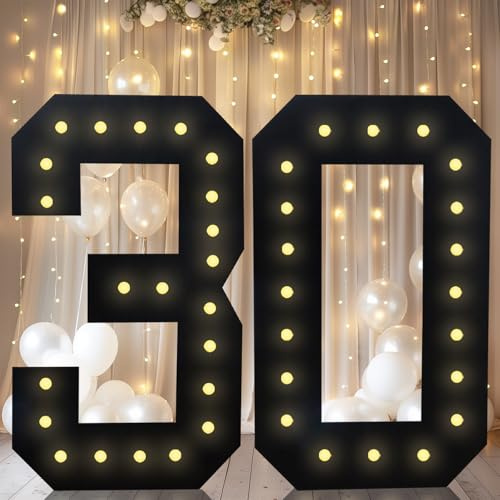 4FT Marquee Light Up Numbers, Black Giant Marquee Number Big Mosaic Number for 30th Birthday Party Decorations Backdrop 30 Anniversary Decor, Pre-Cut Frame Large Number 30