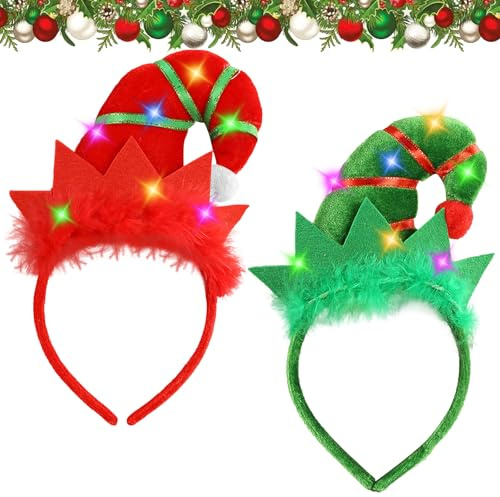Seasboes Weihnachten Haarreif, 2 Stück Weihnachts Kopfschmuck, LED Elfenhut Weihnachts Haarreif, Elfenhut Stirnband, Weihnachten Haarreifs für Erwachsene für Weihnachtsbedarf und Urlaubspartys