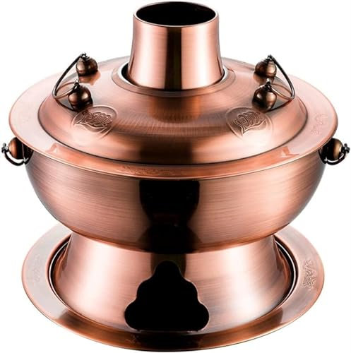 Fondue Olla Hot Pot Olla Caliente De Acero Inoxidable Antigua De Beijing, Olla Caliente De Carbón De Madera, Olla Shabu Shabu Para El Hogar Al Aire Libre Fondue Queso(Brass,30cm)