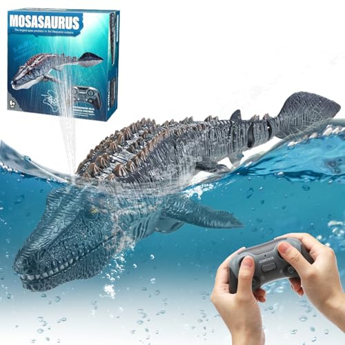 DAWRIS 2.4GHz Mosasaurus Remote Control Boat Toy Realistic Mosasaurus RC Submarine for Adults und Kids, Radio Controlled Boat with LED Light & Spray Mist Dual Propeller Toy for Pool Pond Bathroom