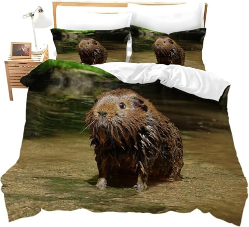 TACOKI Housse de Couette 200x200 Castor Castor Parure de Lit Adulte 2 Personnes en Microfibre Douce Housse de Couette 3D Imprimée Literie avec 2 Taies d'oreiller x105
