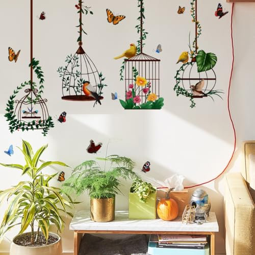 Wandaufkleber Vogelkäfig Deko Garten Thema Schmetterlinge Blumen 87 x 48 cm