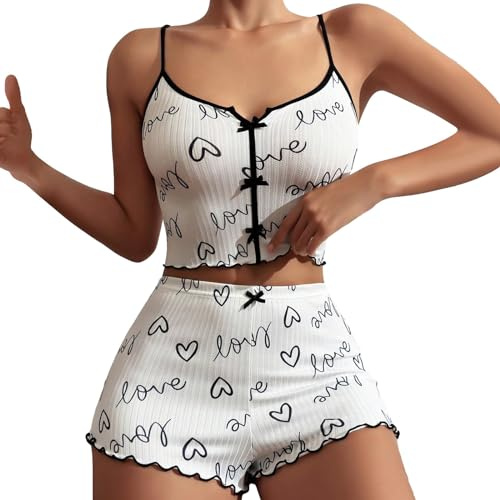 Generisch Ensemble de pyjama fonctionnel pour femme avec graphique, haut court mignon et short côtelé, 2 ensembles de choses pour la chambre, beige, 3XL