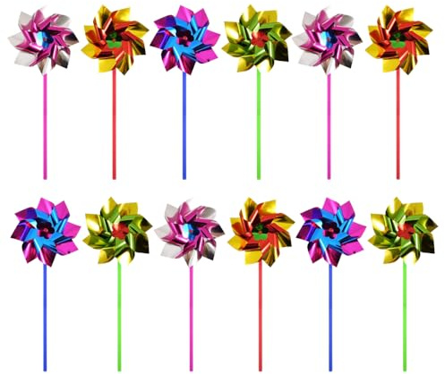 eMKay® Pack of 12 Foil Rainbow Windmills for Kids – Colourful Pinwheels with 30cm Sticks – For Garden Decoration, Party Bags, DIY Crafts, Events & Bird Deterrent