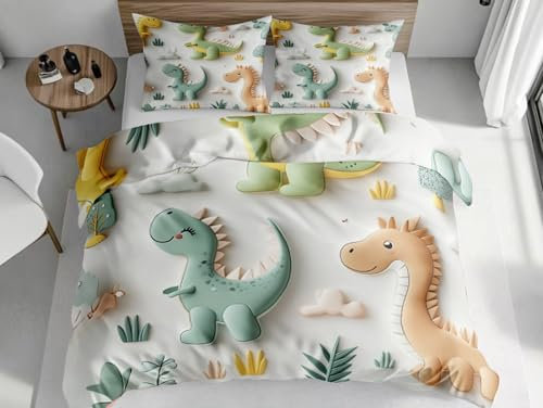 SKOEUI Set di Biancheria da Letto Dinosauro Dei Cartoni Animati Set Copripiumino in Morbido Microfibra Copri Piumino Traspirante Ipoallergenica Completo Copripiumino Singolo 140x200 cm Bianco