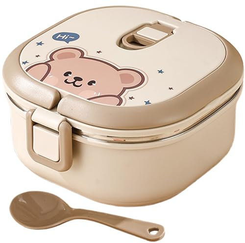 Hperu 700ml Thermal Lunch Box Stainless Steel Insulated Leakproof For Kids Hot Food, Bear Pattern With Tableware, Insulated Food Container, Thermal Container