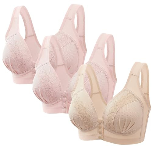 Keepink 3PC Front Fastening Bras for Women UK Wirefree Underwear Comfort Mastectomy Bras Non Wired Post Surgery Top Sleep Everyday Full Coverage Bralettes Plus Size 8-18