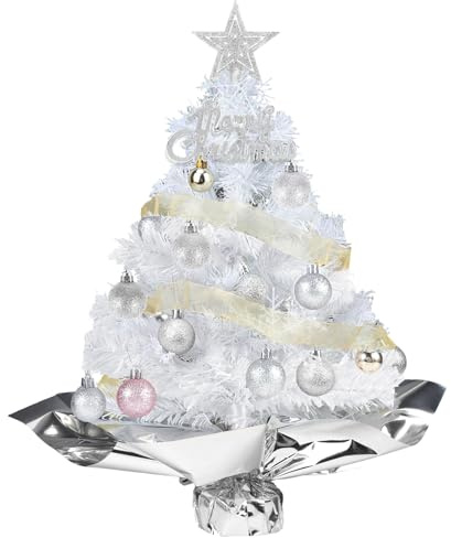 HOWAF Künstlich Weihnachtsbaum Klein, 60 cm Weiß Mini Weihnachtsbaum Tisch Christbaum für Weihnachtsdeko Innen Haus Büro Tisch Weihnachten Deko, mit Weihnachtskugeln, Baumschmuck