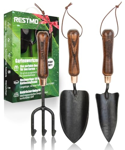 RESTMO 3-in-1 Heavy Duty Gardening Tools Kit, Premium Carbon Steel Garden Hand Tools with Ergonomic Wooden Handle Includes Trowel, Transplanter, and Cultivator, Ideal Gardening Gifts for Gardener