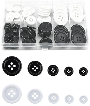 Sekfpnk Pack of 100 Stück Rund Basis Knopfe, Harz Knöpfe, Runden 4-Loch-Knöpfen aus Harz, Mit Aufbewahrungsbox, Geeignet zum Nähen, Ausbessern und Reparieren Von Kleidung (Schwarz/Weiß)