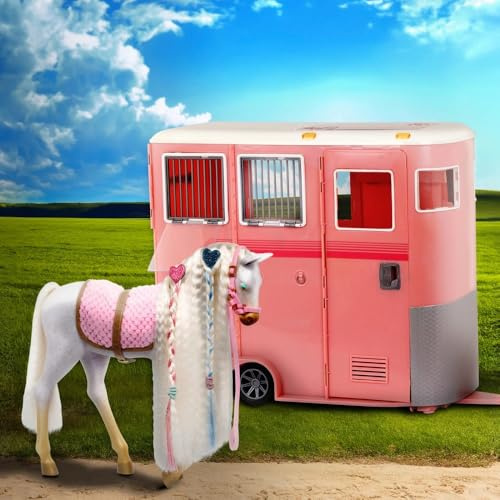 AIDNI Our G Mane to Travel Horse Trailer and Accessories Playset, Pink Deluxe Transport Set with White Horse, Girls Toy