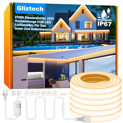 Gliztech IP67 Wasserdicht COB LED Streifen AC 230V Direktstecker, 10M Superhelles LED Lichtband Selbstklebend Außen mit Doppelsicherungs Controller, 2700K LED Strip Warmweiss für Garten Gewerbedekor