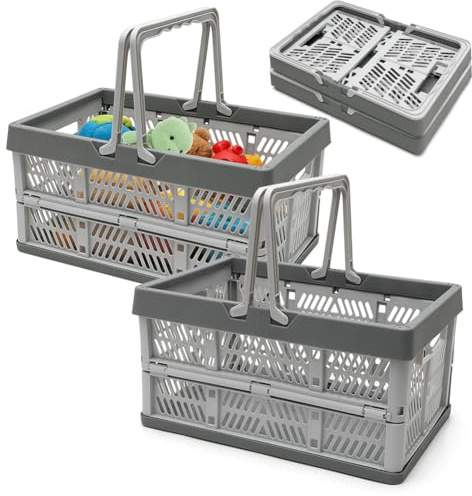 MIUUIPI 2 stycken hopfällbara lådor med handtag, shoppingkorg vikbar, bärbar hopfällbar låda, hopfällbar korg plast, platsbesparande och stabil, förvaringslåda för hem kök och badrum (30,5 x 20,5 x