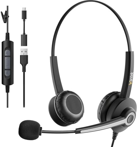 Wantek USB Headset mit Mikrofon für Laptop,PC kabelgebundene Kopfhörer mit USB-C Klinkenadapter,Lautstärkeregler & Geräuschunterdrückung für Call Center,Büro,VoIP & Skype