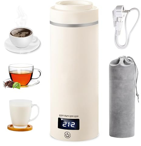 Elektrischer Reisewasserkocher Klein, 550ml Reise Schnelles Kochwasser, Mini Wasserkocher Mit Temperaturanzeige Und 4 Einstellbare Temperaturstufen for Kaffee, Tee, Babymilch (Weiß)
