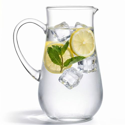 Queensway Home & Dining Handmade Crystallin Glass Water Jug Carafe, Clear Serving Pitcher with Handle Ice Lip Spout for Juice Water Cocktails Dining Entertaining - 2.5L