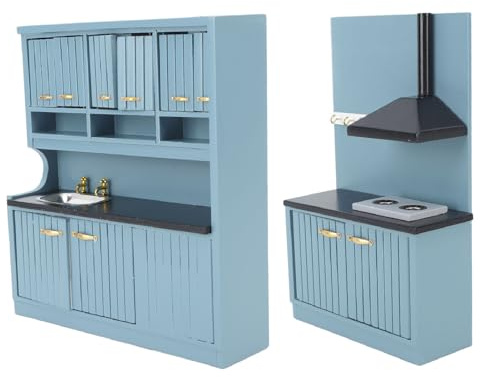 HUSHUI Ensemble de Meubles de Cuisine pour Maison de Poupée, Kit Innovant en Bois Bleu foncé pour Décoration Miniature à L'échelle 1:12