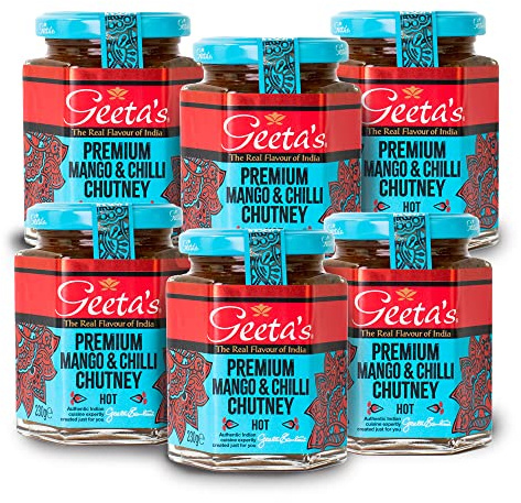 Geeta's Premium Mango & Chilli Chutney, 230g, Pack of 6, Hot, The Real Flavour of India, Made with Mangoes, Nigella Seeds, Chilli Flakes and Full of Aromatic Spices for Meals and Poppadoms