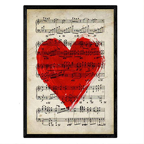 Notenposter Herz im Vintage-Stil, Motiv: alte Notenblätter, perfekt für Musikliebhaber, Größe A3, mit Rahmen