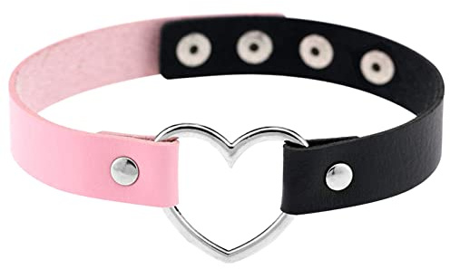Flongo Tattoo Choker Leder Halsband Lederhalsband Damen, Leder Halskette Halsband Anhänger Choker Tattoo Kette Schwarz Blau Pink Rot Lila Weiß Silber Herz Gothic Punk Rock