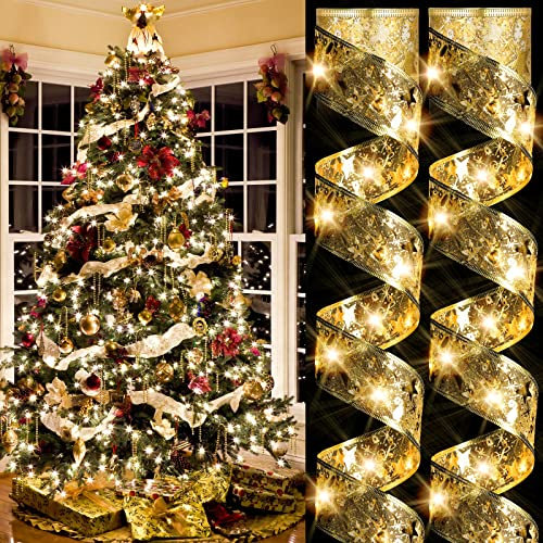 Dilunave 2 Pack 32.8 Feet Christmas Ribbon Lights 100 LED Battery Operated Fairy Double Layer Copper Wire Bows Strings Tree Garden Bedroom Party Decorations