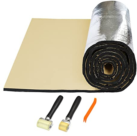 sourcing map 1.52㎡ 10mm Isolant Phonique Voiture Aluminium Isolation Thermique Capot Moteur Porte Coffre avec Outil Démontage Rouleau 10mmx152x100cm