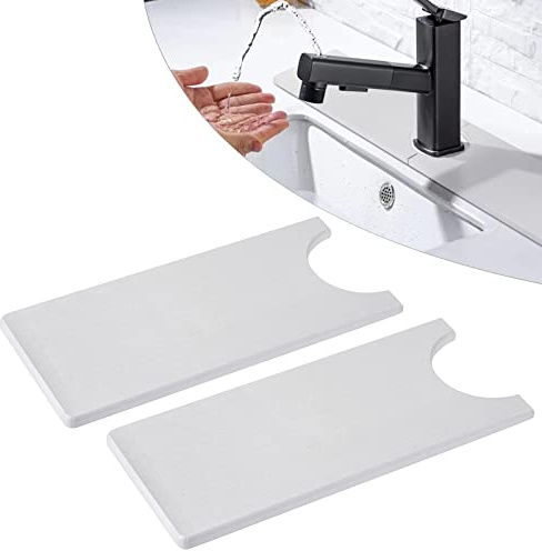 BSTKEY Set of 2 Diatomite Faucet Absorbent Mats Sink Splash Guard, Grey Sink Absorbent Pad Faucet Wraparound Drying Mat with Faucet Hole for Kitchen Bathroom Restaurant Faucet Sink