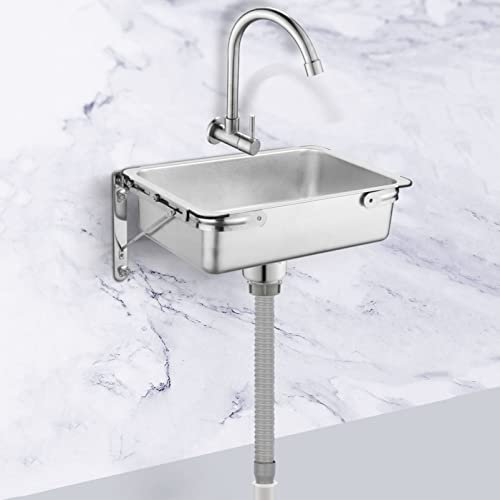 Fadiadem Mini-Edelstahl-Waschbecken zur Wandmontage, platzsparendes Einzelwaschbecken mit Wasserhahn, gewerbliches Waschbecken, Handwaschbecken, für Restaurant Bar Wohnmobil Badezimmer Garage