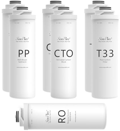 SimPure T1 Series 1-Year Replacement Filter Cartridge Pack Set for Model T1-400UV Tankless Reverse Osmosis Water Filter System (2*PP + 2*CTO + 1*RO + 2*T33)