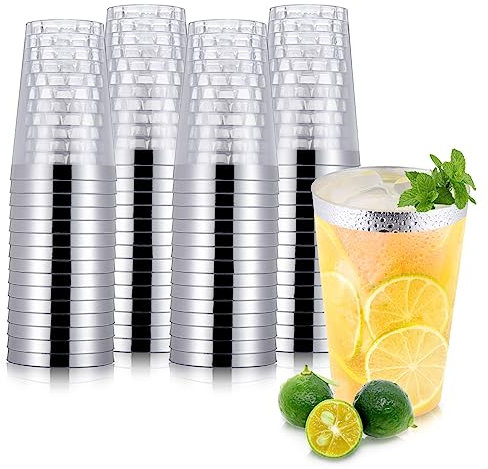Hejo 60PCS Silver Rimmed Plastic Cups, 360 ml-12oz Plastic Glasses, Plastic Wine Glasses Reusable for Cocktail, Champagne, Beer, Martini, Dessert