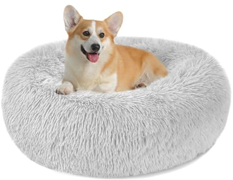Hundebett Hundekissen Flauschig Rund aus Plüsch - Donut Kuscheliges Katzenbett Hundekorb Waschbar S/M/L/XL/XXL für Kleine, Mittelgroße und Große Hunde, Katzen und Andere Haustiere (L-60cm, Hellgrau) | Weiches Plüsch-Hundebett für kleine Hunde, flauschiges Haustierbett mit rutschfester Unterseite, maschinenwaschbar, Grau