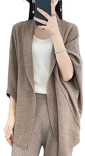 Suéter de punto de lana merina para mujer, poncho abierto al frente, capa Ruana para otoño e invierno, Camel Oscuro (Dark Camel), talla única