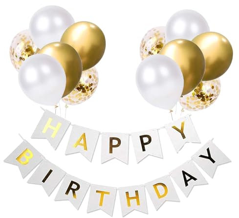 Set di palloncini per compleanno, bianco, oro, decorazione di compleanno Happy Birthday, decorazione per feste, compleanno, set con palloncini bianchi e oro, con coriandoli (WH+GD)