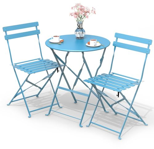VOUNOT Bistroset 3-teilig, Klappbar Bistrotisch mit 2 Stühlen, Gartenmöbel Set Balkonset Gartengarnitur, Sitzgruppe Metall, Bistro Set Outdoor, Blau