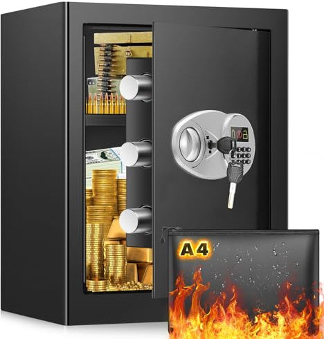 45L Feuerfester Safe Tresor für Zuhause, Möbeltresor mit zahlenschloss und Abnehmbarem Regal, Digitaler Tresore mit Ersatzschlüssel für Dokumente, Bargeld, Schmuck, Reisepass