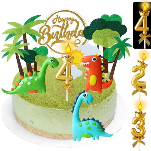 YOUYIKE 14 Stück Dino Tortendeko 2/3/4 Jahre, 3D Dino Kuchen Deko Junge, Dino Cupcake Toppers, Tortendeko Junge 4. Geburtstag, für Kinder 4 Jahre Geburtstag Deko Muffin Deko
