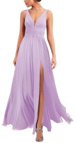 KURFACE WSX492 - Vestido de fiesta de boda con cuello en V para mujer, plisado, de gasa, formal, para invitados de boda, Lila, 38