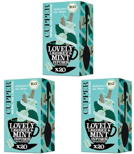 Cupper Bio Kräutertee Lovely Liquorice & Mint, Pfefferminztee, 20 ungebleichte Teebeutel, umweltfreundlich, fair gehandelt (Packung mit 3)