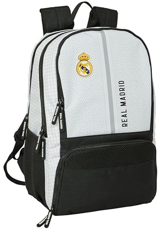 Safta Real MADRID 1:a utrustningen 24/25 - padelryggsäck, sportryggsäck, idealisk för olika åldrar, bekväm och mångsidig, kvalitet och styrka, 30 x 17 x 42 cm, vit/grå färg, Vit/grå, Estándar,