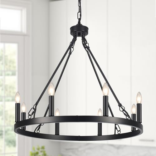 ASHUAQI Wagon Wheel Chandelier, 8-Light Black Chandelier Ceiling Lights Living Room, Rustic Modern Farmhouse Chandeliers Ceiling Light for Dining Room, Kitchen, Hallway, Bedroom, Hall