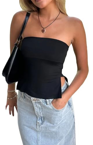 Yassiglia Women Tube Tops Solid Color Slit Strapless Backless Bandeau Top Y2K Going Out Crop Top Cute Summer Clothes