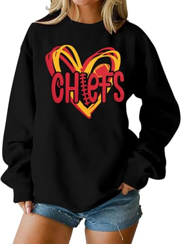 LOTUCY Football Sweatshirt Women Game Day Sweatshirts Football Team Fans Pullover Shirt Heart Graphic Long Sleeve Tops Black