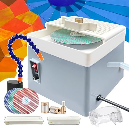 agreilduite Rectificadora Profesional para Principiantes vidrieras, Kit Amoladora Angular Vidrio con Bomba circulación Agua/Cabezal molienda/Disco de Arena/Herramienta de posicionamiento de ángulo