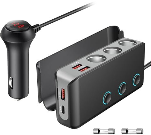 OOWOLF Zigarettenanzünder Verteiler QC 3.0 140W 12V/24V,3 DC Steckdose Splitter Schalter Leistung Adapter Auto Ladegerät,4 USB Anschlüsse KFZ Verteiler für Smartphone, Tablet, GPS, Navi
